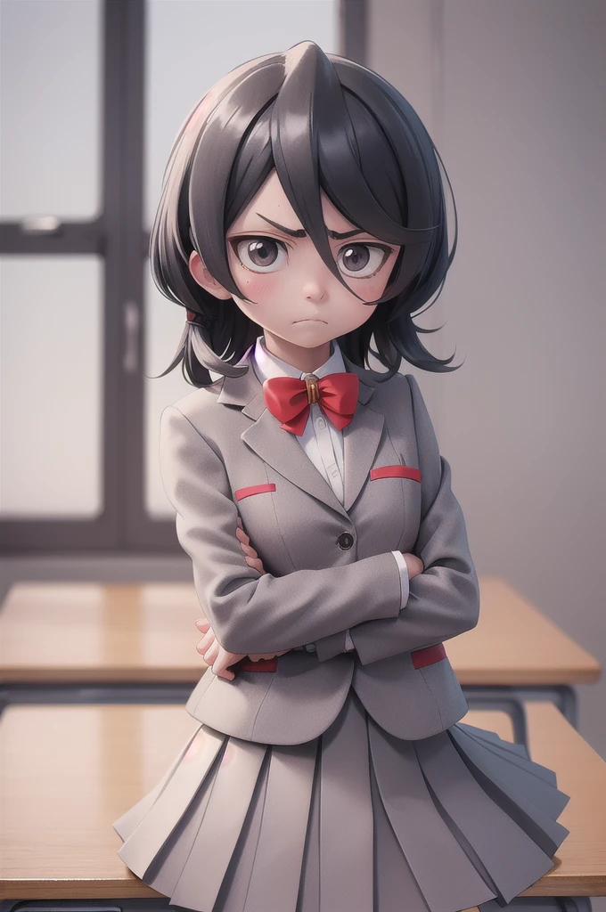 masterpiece, Highest quality, Cutchikirkia, bow tie, Grey blazer, Grey Skirt, School, classroom, Cowboy Shot, View your viewers, Frowning,