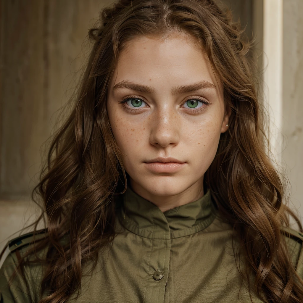 work of art, best qualityer, super verbose, illustration, lindos greeneyes detalhados, close up, A girl. russet hair, greeneyes, roupa militar, longye hair, wavy hair, serious face, freckles, tall woman, woman strong, in soldier's clothes