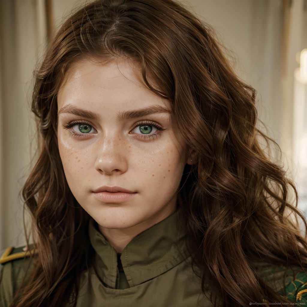 work of art, best qualityer, super verbose, illustration, lindos greeneyes detalhados, close up, A girl. russet hair, greeneyes, roupa militar, longye hair, wavy hair, serious face, freckles, tall woman, woman strong, in soldier&#39;s clothes