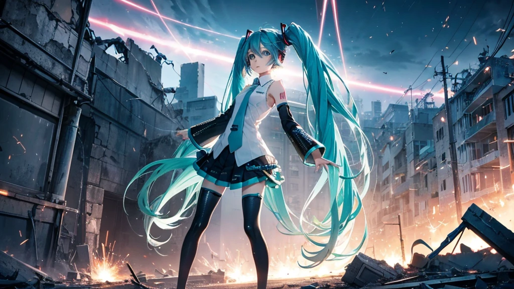 Hatsune Miku、With falling sparks on the background of a ruined city、Heavy metal style cover image。