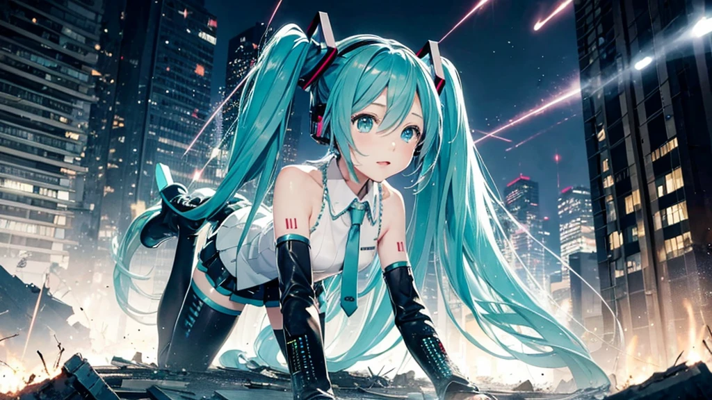 Hatsune Miku、With falling sparks on the background of a ruined city、Heavy metal style cover image。