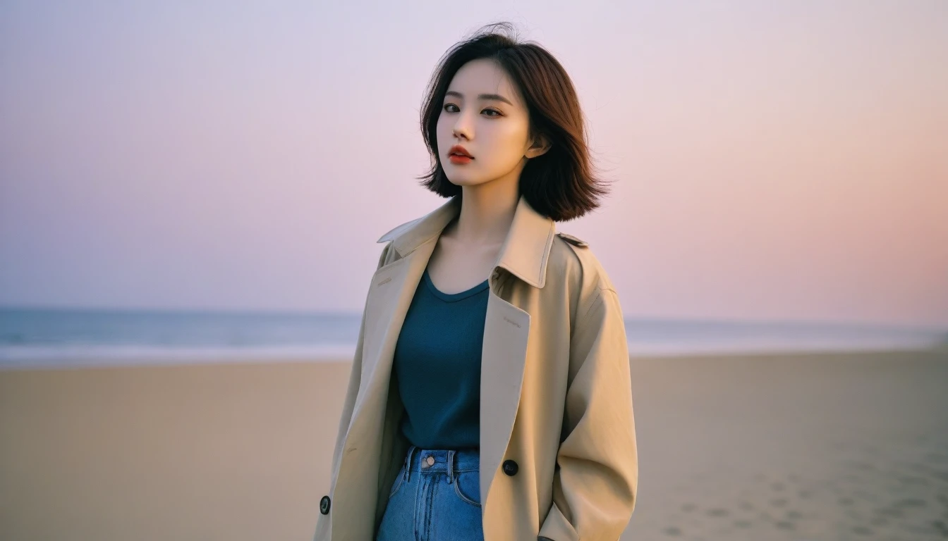 8K, Vivid picture quality, The picture quality is vivid, Realistic and perfect picture quality, long deserted beach, sunset 뷰어, short hair that touches the shoulders and covers the neck, sunset의 붉은 빛, sunset, alone, afternoon, depressed, tide가 밀려온다, ocean, tide, wind, short korean girl, thick shirt, jeans, trench coat, 잔잔한 tide