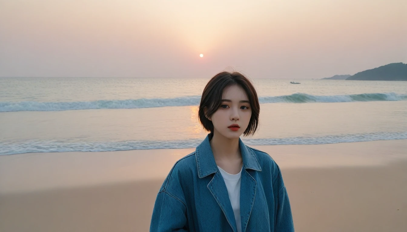 8K, Vivid picture quality, The picture quality is vivid, Realistic and perfect picture quality, long deserted beach, sunset 뷰어, short hair that touches the shoulders and covers the neck, sunset의 붉은 빛, sunset, alone, afternoon, depressed, tide가 밀려온다, ocean, tide, wind, short korean girl, thick shirt, jeans, trench coat, 잔잔한 tide