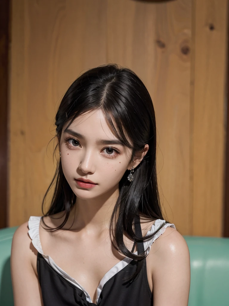 absurdres, RAW photo, extremely delicate and beautiful, masterpiece, Best Quality, ultra high resolution, 32k, hyperrealistic, ultra-detailed, perfect figure, Perfect Style, Perfect balance, in her 20s, very small head, very small face, delicate facial features, tearful mole, earring, very huge breasts, (full body shot:1.2), medium hair, black hair, (school_uniform:1.2),
