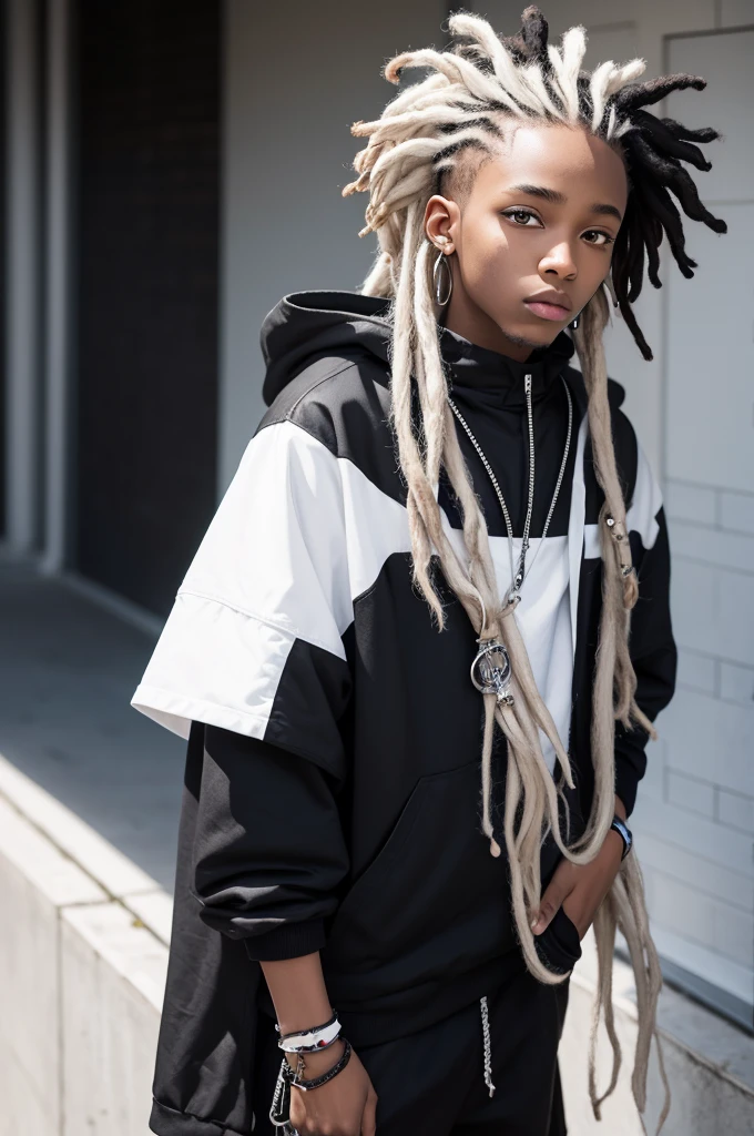 black boy with white dreads, wears a black , anime styling