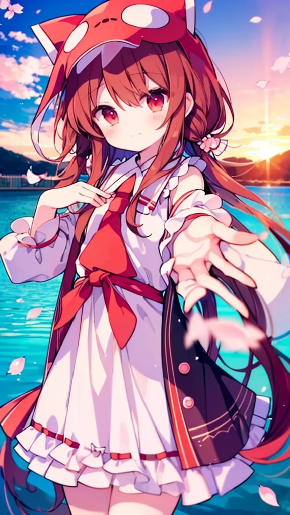 (Best image quality), Reimu Hakurei, Cherry Blossom, spring, sunset, hands back