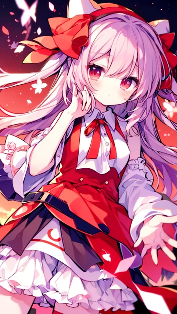 (Best image quality), Reimu Hakurei, Cherry Blossom, spring, sunset, hands back
