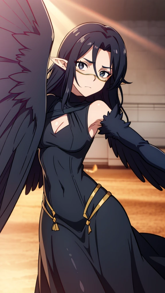 1woman,mature female,40s,sensual,black dress,black hair,pointy ears,harpy,wings,no arms,black mouth veil,((in a arena of battle,sunlight)),dancing,dynamic angle, close up