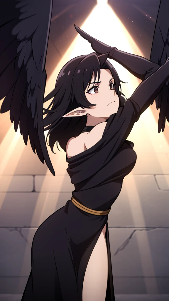 1woman,mature female,40s,sensual,black dress,black hair,pointy ears,harpy,wings,no arms,black mouth veil,((in a arena of battle,sunlight)),dancing,dynamic angle, close up