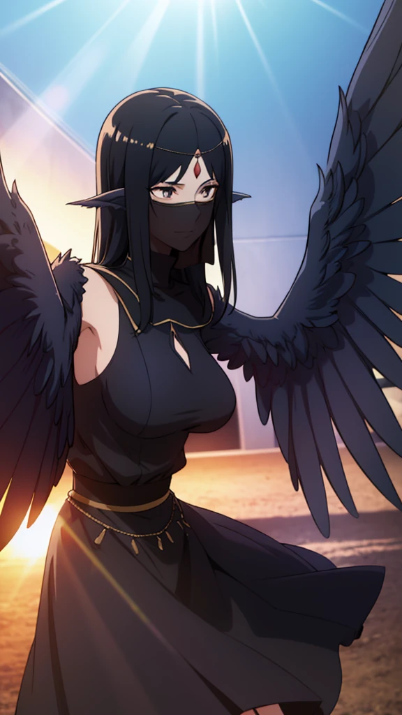 1woman,mature female,40s,sensual,black dress,black hair,pointy ears,harpy,wings,no arms,black mouth veil,((in a arena of battle,sunlight)),dancing,dynamic angle, close up