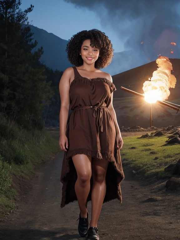 Highest quality、masterpiece、Ultra-high resolution、(Realistic:1.4)、Beautiful woman、Take a full body photo、Beautiful eye and skin details、smile、Brown curly hair、Primitive fur one-shoulder mini dress、Dark Skin、Holding a stone club、A volcano is erupting in the background.、Hunting