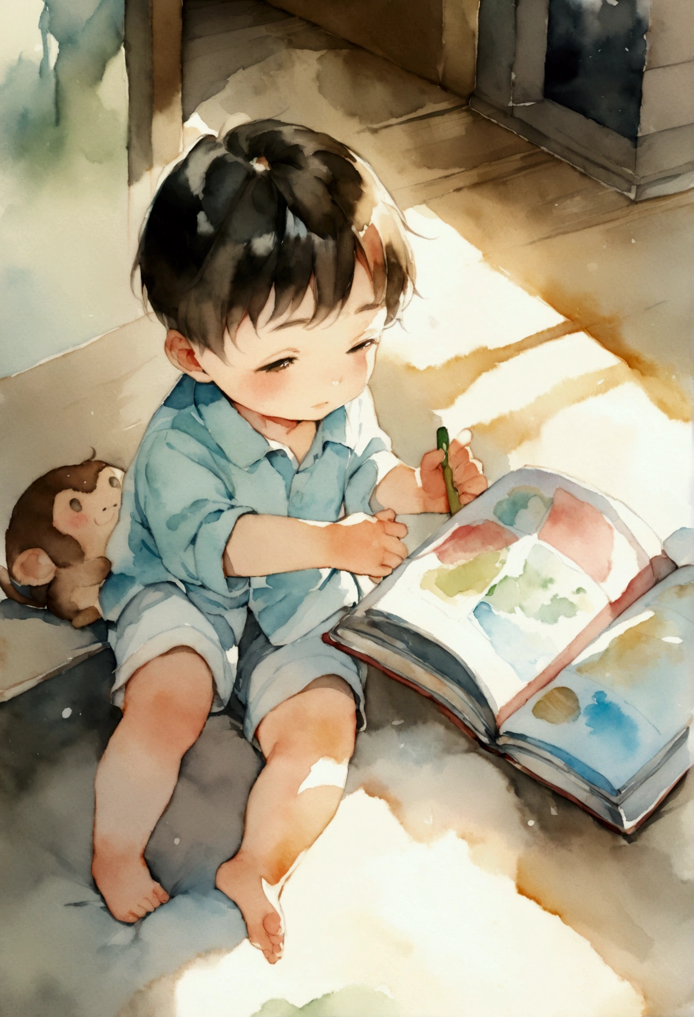 A boy about 4 playing with a monkey Picture books Watercolor