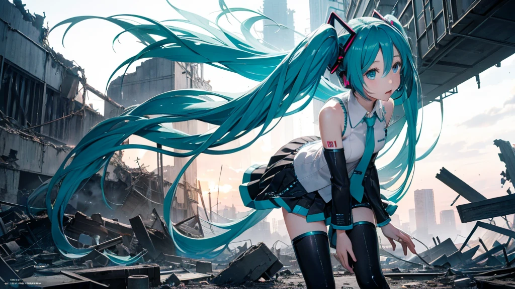 Hatsune Miku、With falling sparks on the background of a ruined city、Heavy metal style cover image。