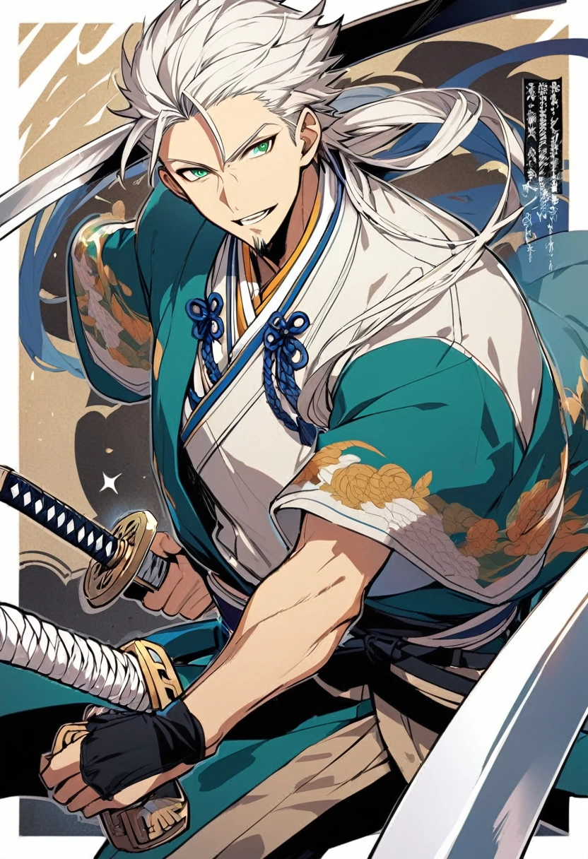 1 young boy, male focus,  details Intricate, 1 men, bonitas, White hair, vibrant green eyes, slim muscles, アニメ, 19yearsold, 19 years, a small goatee, kimono de Shinigami, Shinigami, bleach style, bleach, regatta, kimono, shortsleeves, glued sleeves, 2 Katanas, two swords, double katana, katana longa, ceifera of souls