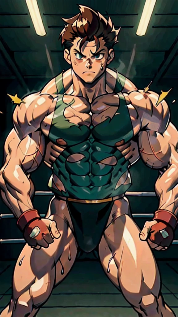 Young man, cute, handsome, youthful, determined, driven, focused, passionate, bashful, 19-year-old, (combed parted brown hair), (glossy tan skin), (big tired green eyes), (wrestler), ripped, shredded, (torn (black) (wrestling singlet) ), (sneakers), well-trained muscles, strong, powerful muscles, sweating, sweaty, exhausted, intense gaze, icy stare, fighting stance, alone in a training gym, atmospheric, masterpiece, (90s anime)