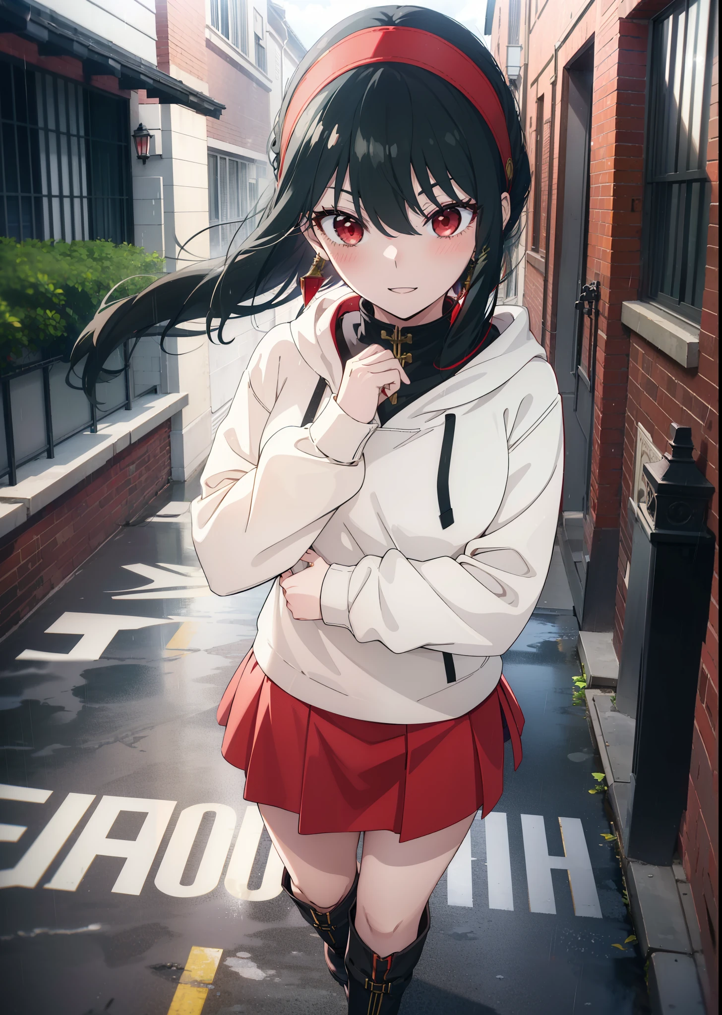 Yorbraia, Yor Briar, Black Hair, (Red eyes:1.5), Earrings, gold hair band, hair band,, Long Hair, Side Lock, (Medium chest:1.2),happy smile, smile, Open your mouth,blush,Oversized black hoodie,Long skirt,short boots,,Walking,rain,noon,cloudy,whole bodyがイラストに入るように,
break outdoors,Alley,
break looking at viewer, whole body,
break (masterpiece:1.2), Highest quality, High resolution, unity 8k wallpaper, (figure:0.8), (Beautiful attention to detail:1.6), Highly detailed face, Perfect lighting, Highly detailed CG, (Perfect hands, Perfect Anatomy),