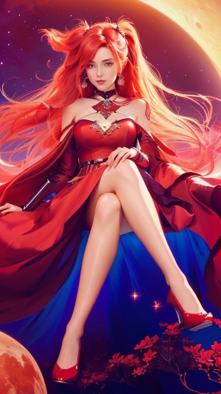 a close up of a woman sitting on a moon with a red dress, fantasy illustration, cushart krenz key art feminine, digital art on pixiv, art wallpaper 8 k, detailed digital art, beautiful  artwork, fantasy artwork, loish art style, beautiful  art style, miss fortune league of legends, exquisite digital illustration