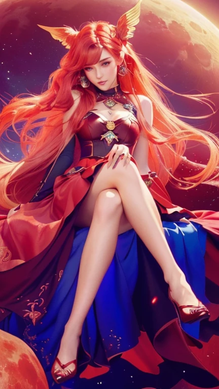 a close up of a woman sitting on a moon with a red dress, fantasy illustration, cushart krenz key art feminine, digital art on pixiv, art wallpaper 8 k, detailed digital art, beautiful artwork, fantasy artwork, loish art style, beautiful art style, miss fortune league of legends, exquisite digital illustration