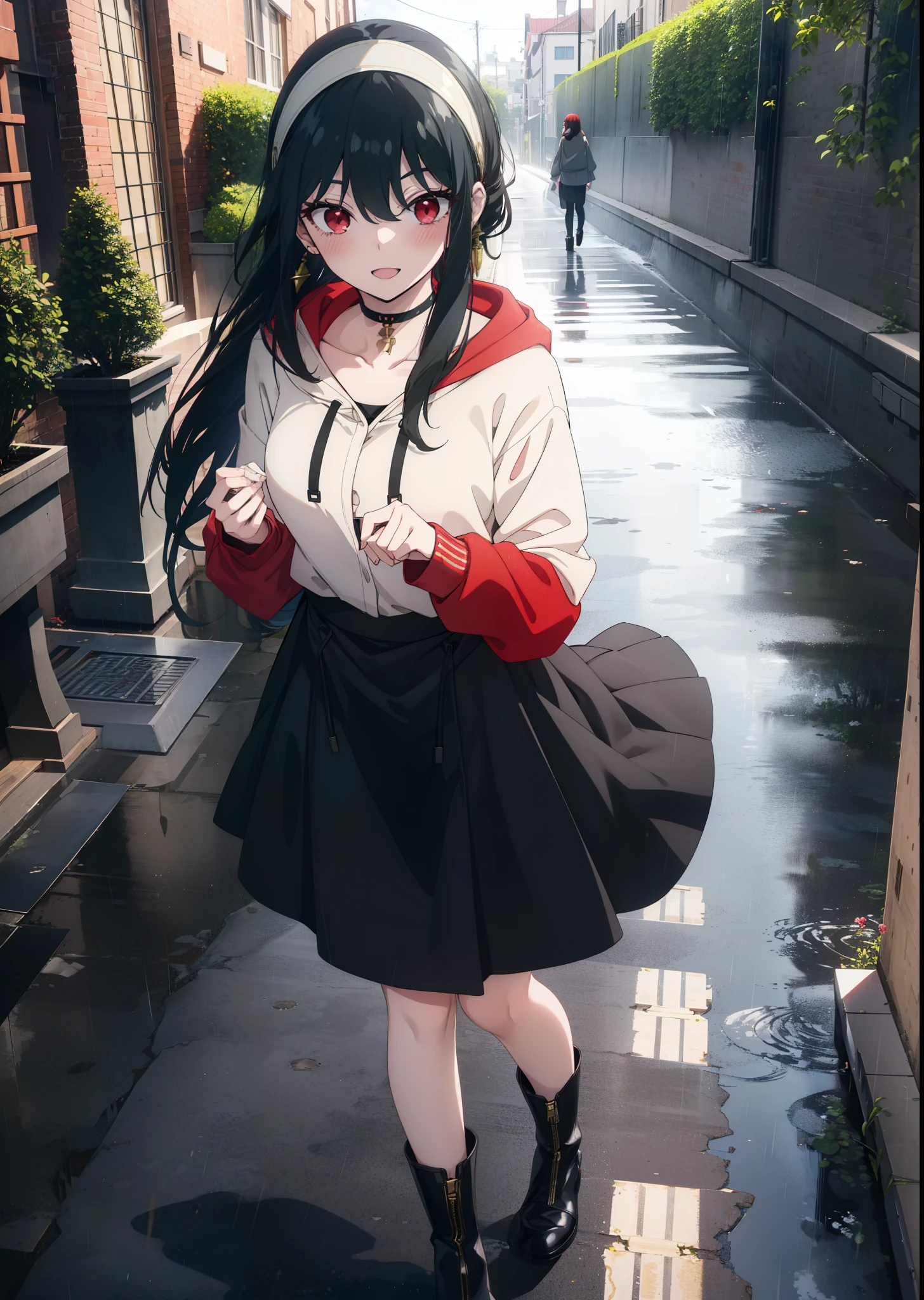 Yorbraia, Yor Briar, Black Hair, (Red eyes:1.5), Earrings, gold hair band, hair band,, Long Hair, Side Lock, (Medium chest:1.2),happy smile, smile, Open your mouth,blush,Oversized black hoodie,Long skirt,short boots,,Walking,rain,noon,cloudy,whole bodyがイラストに入るように,
break outdoors,Alley,
break looking at viewer, whole body,
break (masterpiece:1.2), Highest quality, High resolution, unity 8k wallpaper, (figure:0.8), (Beautiful attention to detail:1.6), Highly detailed face, Perfect lighting, Highly detailed CG, (Perfect hands, Perfect Anatomy),