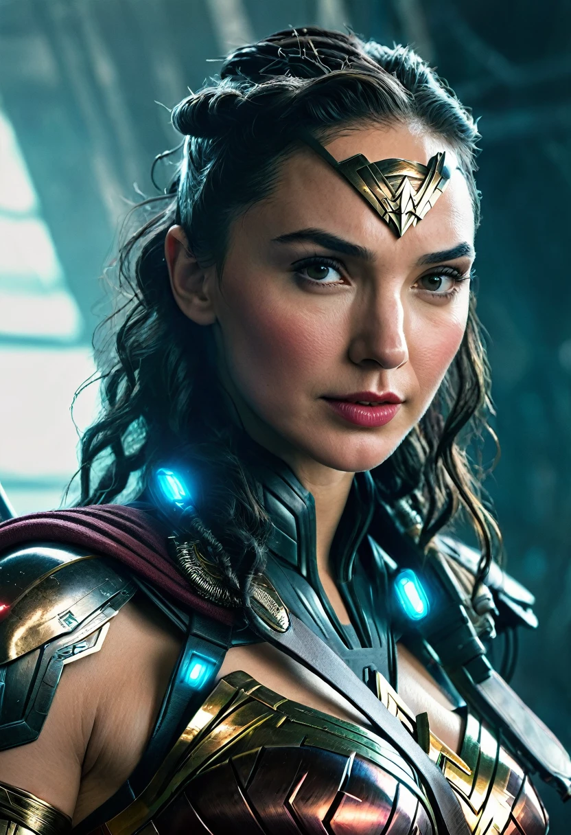 (((In extreme close-up, a cyber punk woman Gal Gadot under the mantle of the Amazon warrior (((a part of his head shaved))) Wonder Woman Diaema Cyber Punk front images color images Splash Wonder Woman Diaema Wonder Woman Cyber Punk))),(((a part of his head shaved))),(((Diaema Wonder Woman)))