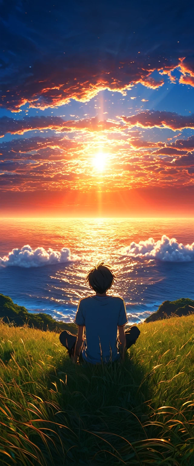 High quality, 8K Ultra HD. The image shows a boy sitting anime watching The terrifying ocean at sunrise from a grassy hill, with a background of vibrant blue sky and red and orange hues of the sun. anime art wallpaper 4k, arte digital de Shen Che-Tsai, pexels, realismo fantástico, entre nubes celestiales iluminadas por el sol, nubes celestiales, cielo asombroso, Atardecer en las nubes, nubes doradas, cielo impresionante, nubes impresionantes, nubes magnificas, nubes brillantes, Nubes al atardecer, cielo en la tierra, luces celestiales doradasanime art wallpaper 4K, anime background, anime art wallpaper 8K, anime art background, anime landscape wallpaper, amazing wallpaper, high quality wallpaper definition,4k animated wallpaper,4k animated wallpaper,Aries Moross art,Bob Byerley art,AshleyWoodArtAI,greg rutkowski