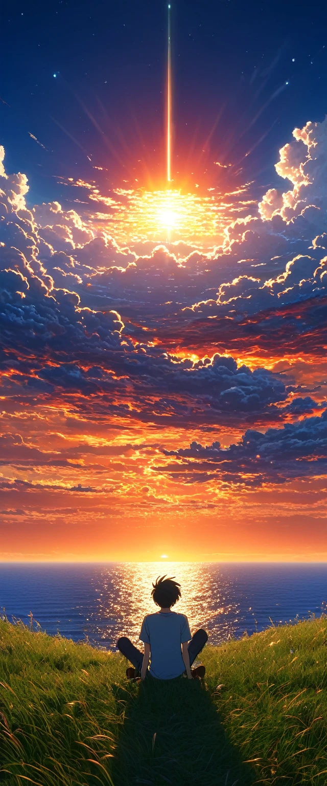 High quality, 8K Ultra HD. The image shows a boy sitting anime watching The terrifying ocean at sunrise from a grassy hill, with a background of vibrant blue sky and red and orange hues of the sun. anime art wallpaper 4k, arte digital de Shen Che-Tsai, pexels, realismo fantástico, entre nubes celestiales iluminadas por el sol, nubes celestiales, cielo asombroso, Atardecer en las nubes, nubes doradas, cielo impresionante, nubes impresionantes, nubes magnificas, nubes brillantes, Nubes al atardecer, cielo en la tierra, luces celestiales doradasanime art wallpaper 4K, anime background, anime art wallpaper 8K, anime art background, anime landscape wallpaper, amazing wallpaper, high quality wallpaper definition,4k animated wallpaper,4k animated wallpaper,Aries Moross art,Bob Byerley art,AshleyWoodArtAI,greg rutkowski