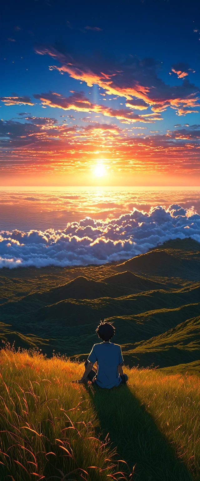 High quality, 8K Ultra HD. The image shows a boy sitting anime watching The terrifying ocean at sunrise from a grassy hill, with a background of vibrant blue sky and red and orange hues of the sun. anime art wallpaper 4k, arte digital de Shen Che-Tsai, pexels, realismo fantástico, entre nubes celestiales iluminadas por el sol, nubes celestiales, cielo asombroso, Atardecer en las nubes, nubes doradas, cielo impresionante, nubes impresionantes, nubes magnificas, nubes brillantes, Nubes al atardecer, cielo en la tierra, luces celestiales doradasanime art wallpaper 4K, anime background, anime art wallpaper 8K, anime art background, anime landscape wallpaper, amazing wallpaper, high quality wallpaper definition,4k animated wallpaper,4k animated wallpaper,Aries Moross art,Bob Byerley art,AshleyWoodArtAI,greg rutkowski
