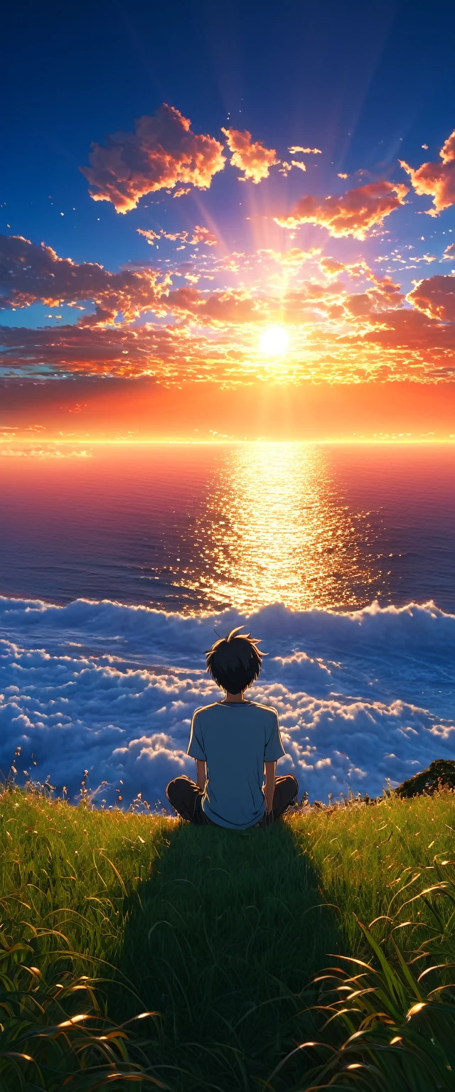 High quality, 8K Ultra HD. The image shows a boy sitting anime watching The terrifying ocean at sunrise from a grassy hill, with a background of vibrant blue sky and red and orange hues of the sun. anime art wallpaper 4k, arte digital de Shen Che-Tsai, pexels, realismo fantástico, entre nubes celestiales iluminadas por el sol, nubes celestiales, cielo asombroso, Atardecer en las nubes, nubes doradas, cielo impresionante, nubes impresionantes, nubes magnificas, nubes brillantes, Nubes al atardecer, cielo en la tierra, luces celestiales doradasanime art wallpaper 4K, anime background, anime art wallpaper 8K, anime art background, anime landscape wallpaper, amazing wallpaper, high quality wallpaper definition,4k animated wallpaper,4k animated wallpaper,Aries Moross art,Bob Byerley art,AshleyWoodArtAI,greg rutkowski