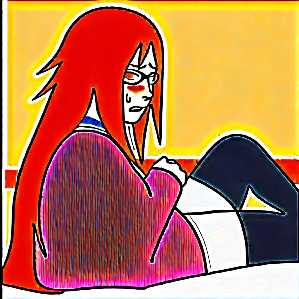 Red hair, 1 Girl, Glasses, Long hair, Red Eyes, Solitary, Sailor Suit，Umbilical cord, Looking at the audience，No students, Japanese cartoons screencap, Japanese cartoons coloring,src_Japanese cartoons,Naruto \(series\), Naruto shippuuden,（（blush，nervous，Vision，classroom，sit on the chair，））masterpiece， absurd ， （Intricate details）， （Colorful）， light， Extremely detailed CG unity 8k wallpaper ，1 Girl， solo，（shy，classroom，night，blush，nervous，Sweating，蕾丝dress， ），sweat，blush，blush1.5，Blush，Medium chest，（（dress，Black stockings，）），（dress，Lying in bed，Uncomfortable expression，Mouth open，spit）