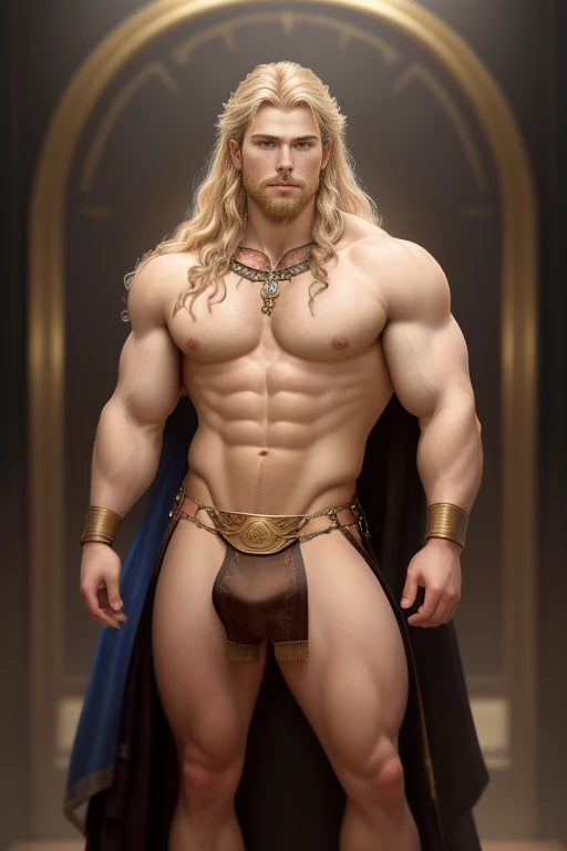painted portrait of a stout Thor, god of thunder, young greek god, blond windy hair, male, insanely handsome, upper body, muscular, hairy torso, fantasy, intricate, elegant, highly detailed, digital painting, art station, concept art, soft, sharp focus, illustration, wearing only revealing small loincloth,you can see his muscular thighs, gold fabric and jewelry art by Gaston Bussiere and Alphonse Mucha, full body shot