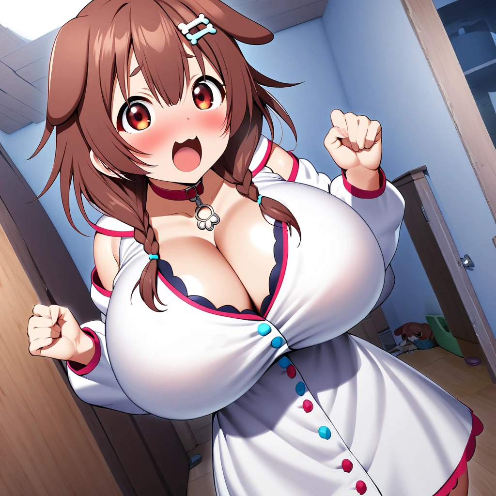 inugami korone,1girl,solo,Females in heat,blush,open mouth,inugami korone costume,super huge breasts,looking at viewer,near,standing up,house,bed room,in room