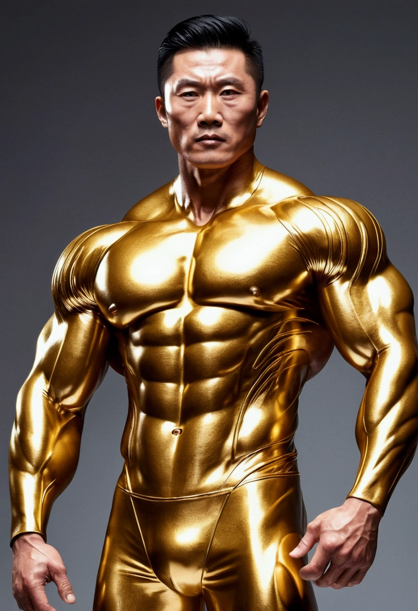 A living person,a big muscle,chinese man,It has been transformed into gold man,upper body,oil skin,shiny skin,