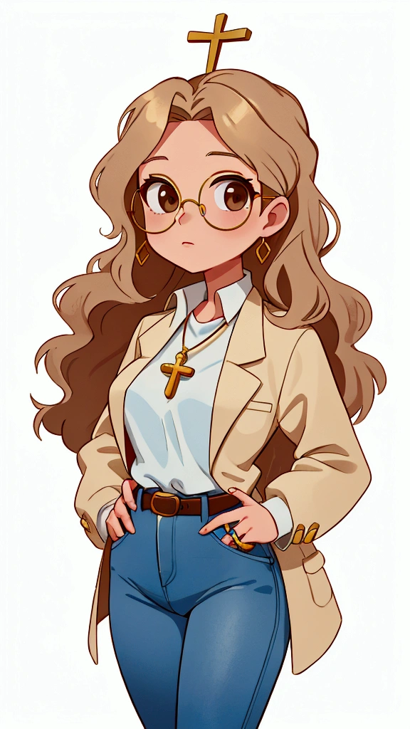 Create a character named Olivia, a 40-year-old aromatherapist specializing in essential oils, white. golden blonde with wavy hair. side hairstyle, at shoulder height, Brown eyes , wears round brown glasses, she is gentle and delicate, wears a light blue shirt, blue jeans with a brown belt and a white long-sleeved doctor's coat. she has a golden wedding ring on her left ring finger and wears a necklace with a golden crucifix. make her look at the camera, com fundo branco.