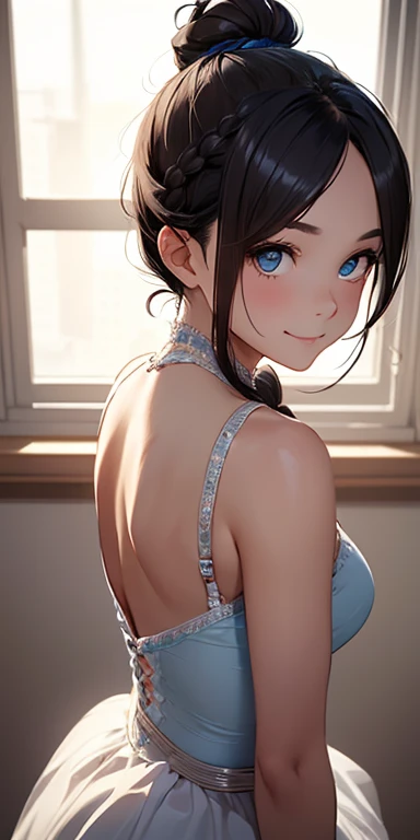 beautiful, Detailed portrait of a dark-haired girl, Wear your hair in a high ponytail, ballerina bun, or braid., No bangs, No hair on the forehead,With blue eyes and an innocent look, She looks straight at the viewer., Cute Smile, Front view, From head to toe、Photograph the whole body
