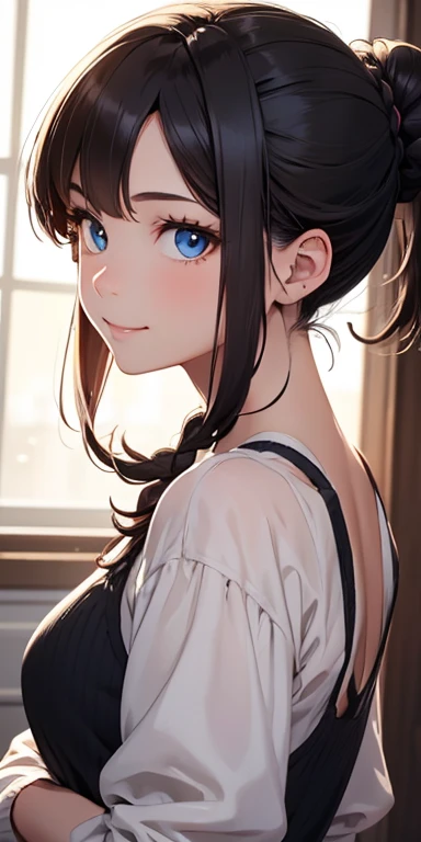 beautiful, Detailed portrait of a dark-haired girl, Wear your hair in a high ponytail, ballerina bun, or braid., No bangs, No hair on the forehead,With blue eyes and an innocent look, She looks straight at the viewer., Cute Smile, Front view, From head to toe、Photograph the whole body
