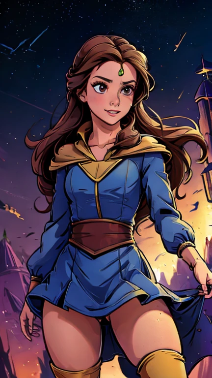 (Teens:1girl: Belle,Star Wars), (extremely detailed CG unit 8k wallpaper),(master part), (best quality), (ultra detali), (best illustration),(melhor ombre), cowboy shot, (Sharp eyeliner, ombre, detailedeyes:1), Disney Castle background, ,break , (star15escola:1.2), hair ornament,long hair ,brown hair, Cameltoe