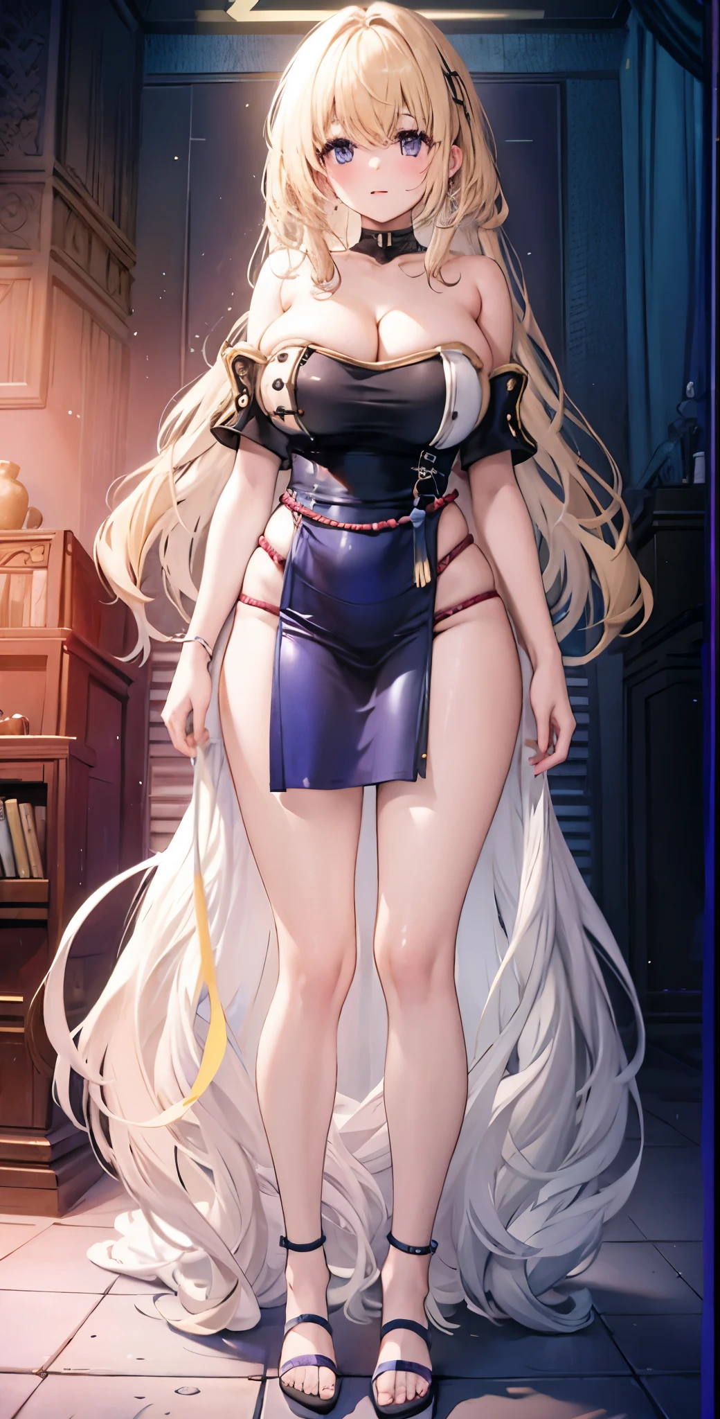girl,Large Breasts,long hair,Topless,Bow,Blonde hair, Purple Eyes, Cleavage,Large Breasts