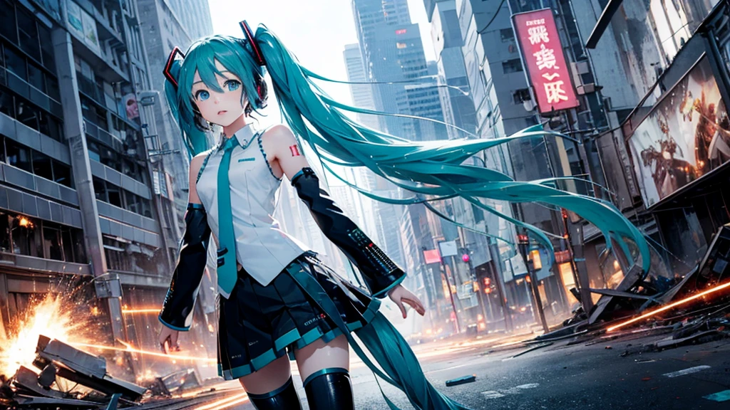 Hatsune Miku、With falling sparks on the background of a ruined city、Heavy metal style cover image。