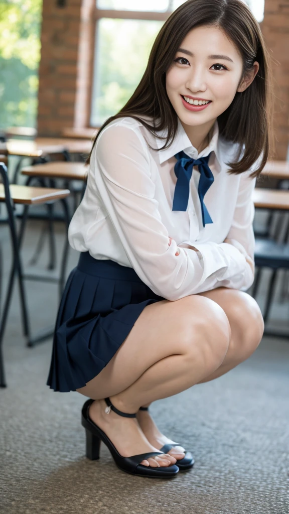 (Highly detailed 8K wallpapers)、Sharp focus、In detail、Drama、Delicate and beautiful 、Sheer white shirt、Navy blue ribbon on collar、Dark blue pleated micro mini、White Lingerie、sexy、Laughter、Looking into the viewer、Beautiful graphics、A bright school building with strong sunlight streaming in、Please show me your whole body、Sit、squat、Show me your plump panties