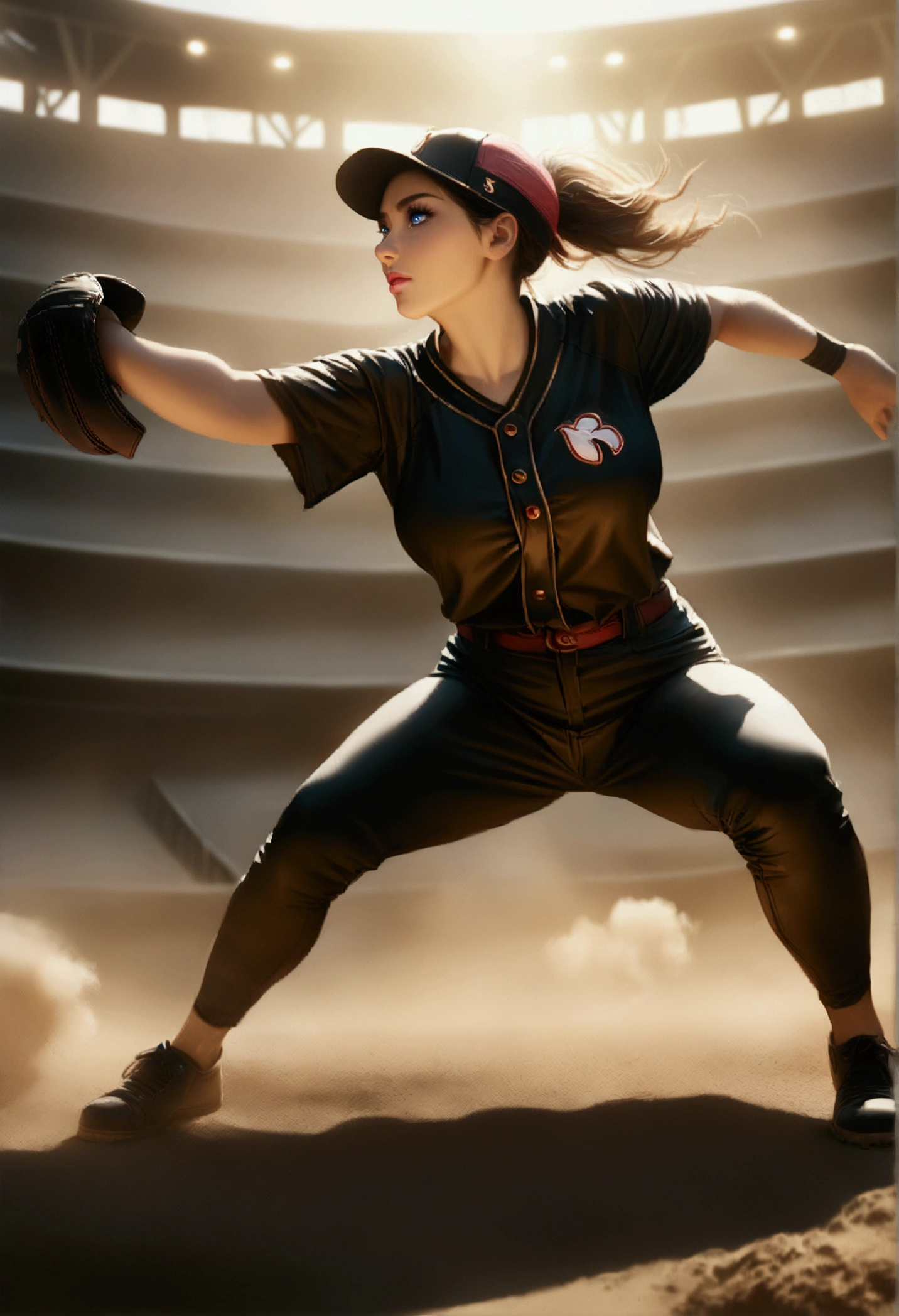 The moment when the female pitcher of baseball is pitching a baseball ball, full body shot, big breasts