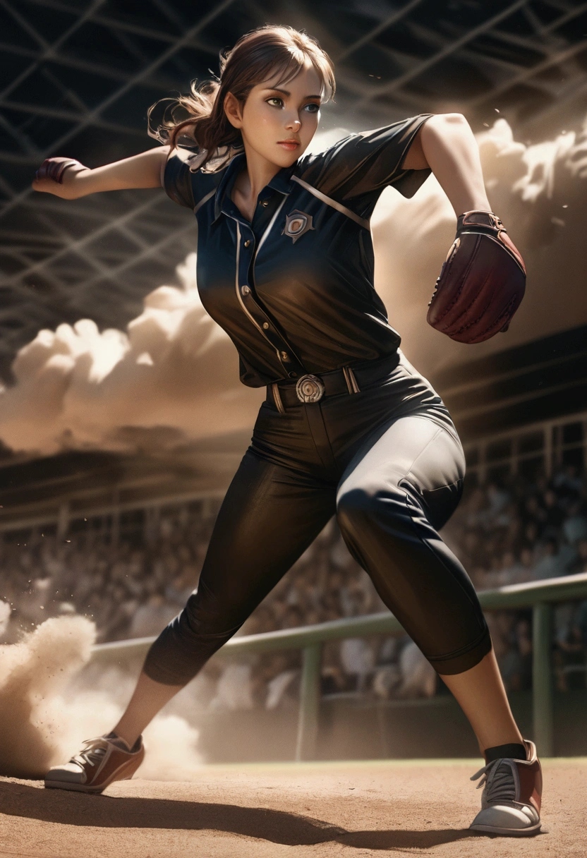 The moment when the female pitcher of baseball is pitching a baseball ball, full body shot, big breasts