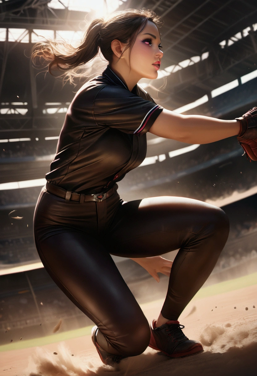 The moment when the female pitcher of baseball is pitching a baseball ball, full body shot, big breasts