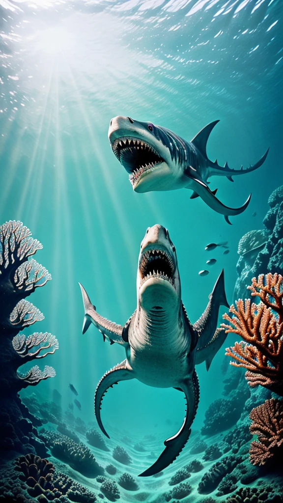 (masterpiece), best quality, a skelleton pirate rides on a shark, ((underwater:1.3), pirate clothes, pirate, skull, perfect crocodile, rides on, adventure, magical, bubbles, Tracking lights, coral, realistic, perfect lighting, fantasy, adventure, sharp teeth, cool shark, sea monster, epic, monster on the background.