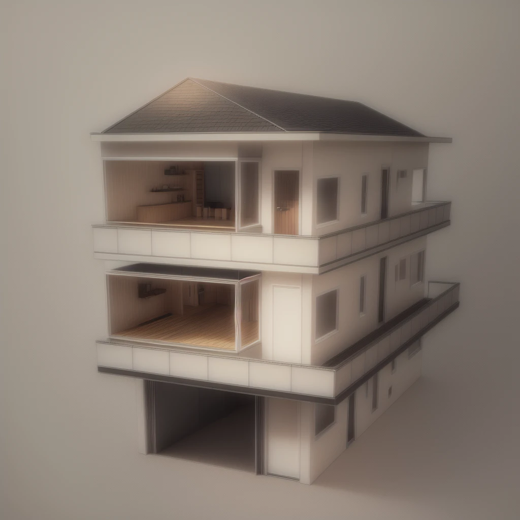 a rendering of&#39;une maison à trois étages avec un balcon et un balcon, complete house, 3/4 realistic views, realistic building, 3d rendering, 3d rendering, 3D model rendered, building facing, dans le style du réalisme simplifié, front view, An extremely detailed building, sketch - up, 3-D rendering, perspective 3D, perspective de face