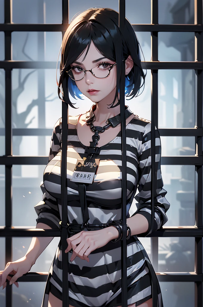 (Rear view, Back picture),(masterpiece:1.3), ((best quality:1.3), I have no idea, 1 girl, Polarized Glasses, old, short hair, solitary, collar, There is a mole above the mouth, sunglasses, large old, ((Ropa About Us)), ((Striped clothes)), prisoner, shirt, Striped prisoner suit, Clothes were torn,upper body, shackles, Black and white lines, (Prison bars background :1.4), (iron groceries),( Showing off black lingerie),( Vibrant colors), (prisoner:1.4 ), (Delicate face :1.4) Beautiful breasts、Huge breasts:1.4