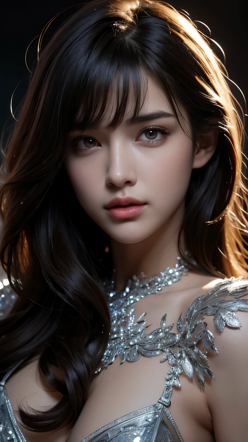 masterpiece, best quality, ultra-detailed, facing the camera head on, intricately detailed hyperdetailed, realistic, sharp features, highly detailed, sharp focus, perfect face, perfect face, perfect symmetrically perfect eyes, perfect full lips, flexible female form, cinematic, film light, hyper detailed, hyper realistic, dynamic studio lighting, nsfw, ((Dark background)), Sexy face, Facial expressions when receiving pleasure, straight Bangs,