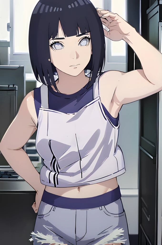 (masterpiece, best quality:1.2), 1girl, solo,standing_split, hair, White sleeveless tank top,blue denim short