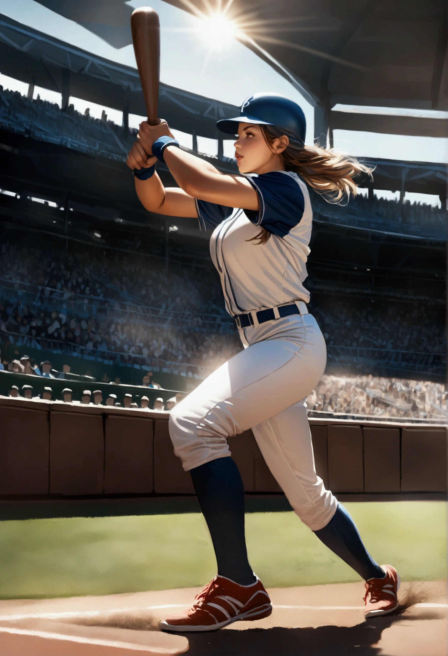 The moment when the female pitcher of baseball is pitching a baseball ball, full body shot, big breasts