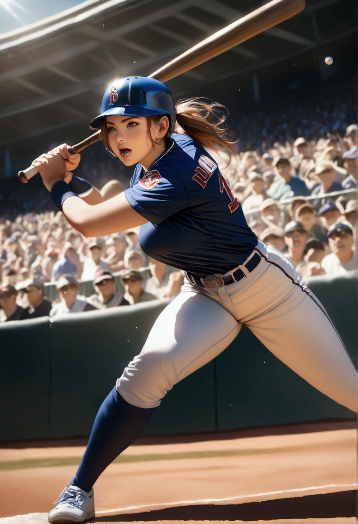 The moment when the female pitcher of baseball is pitching a baseball ball, full body shot, big breasts