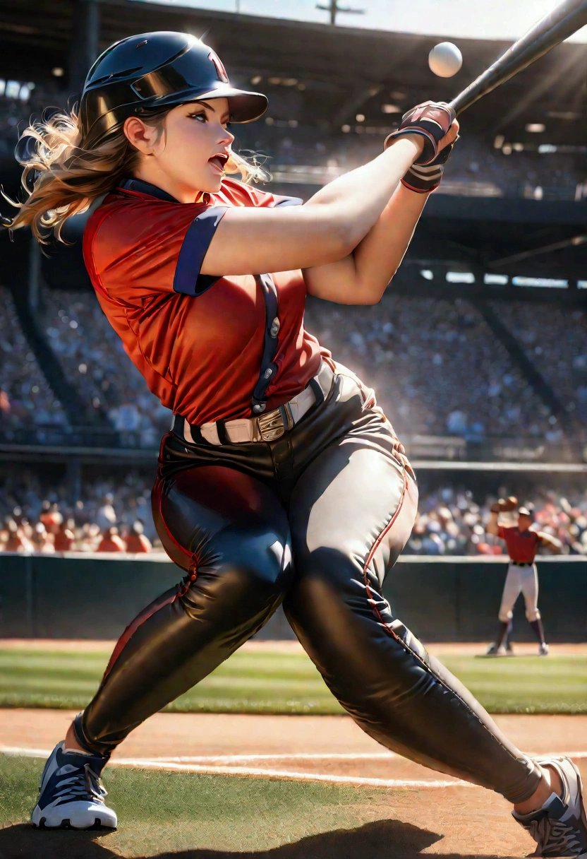 The moment when the female pitcher of baseball is pitching a baseball ball, full body shot, big breasts
